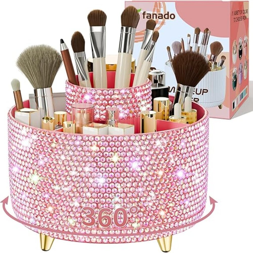 360° Rotate Makeup Brush Holder Organizer Pink